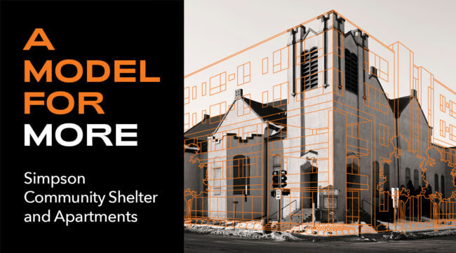Image: A wireframe superimposed over the Simpson United Methodist Building, next to a heading: 