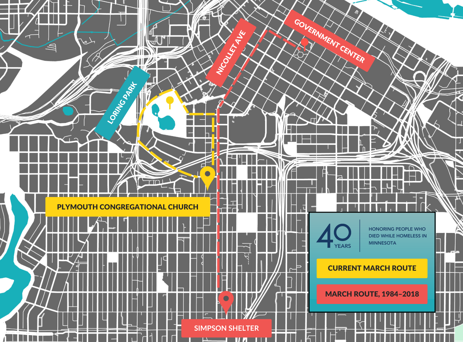A stylized street map marked with two routes.